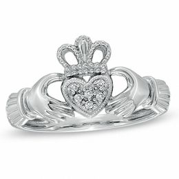 Heart-Shaped Multi-Diamond Accent Claddagh Ring in 10K White Gold