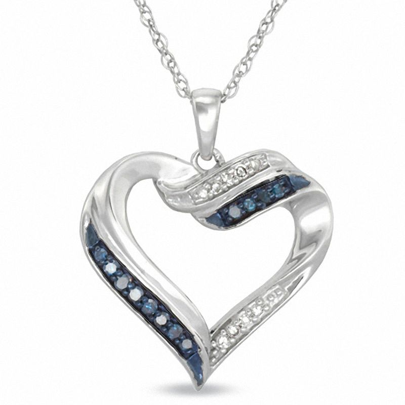 0.15 CT. T.W. Enhanced Blue and White Diamond Flowing Heart Pendant in Sterling Silver