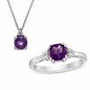 Thumbnail Image 1 of 6.0mm Cushion-Cut Amethyst and Diamond Accent Pendant and Ring Set in Sterling Silver - Size 7