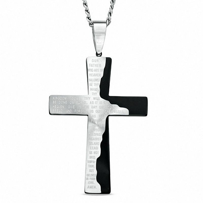 Men's Lord's Prayer Tablet Cross Pendant in Two-Tone Stainless Steel - 24"|Peoples Jewellers