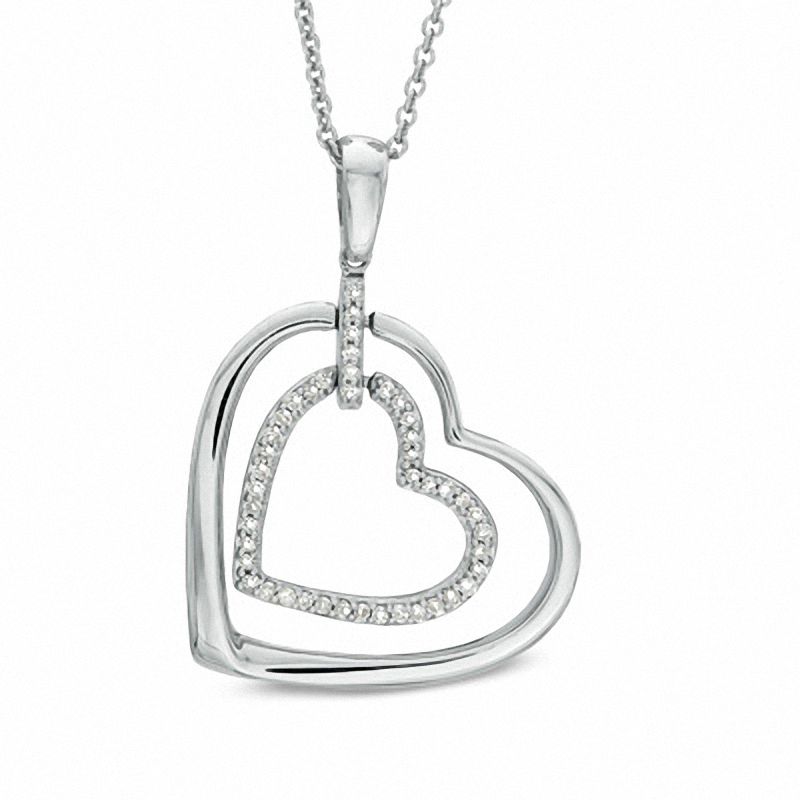 0.09 CT. T.W. Diamond Double Heart Outline Pendant in Sterling Silver