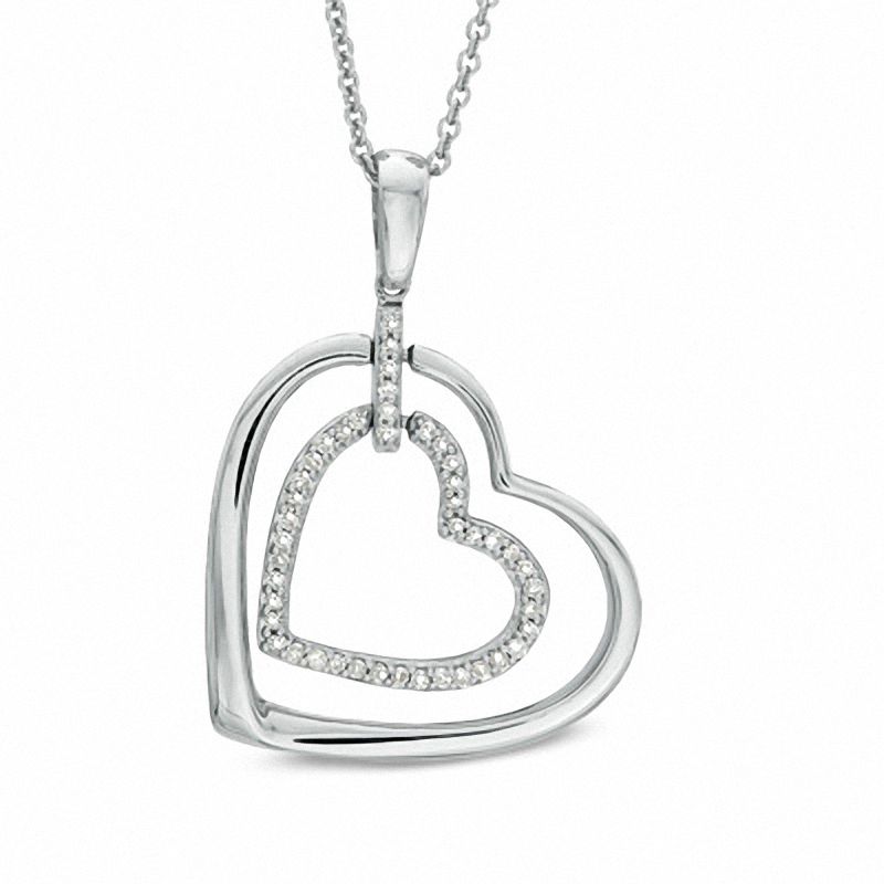 Main Image 1 of 0.09 CT. T.W. Diamond Double Heart Outline Pendant in Sterling Silver