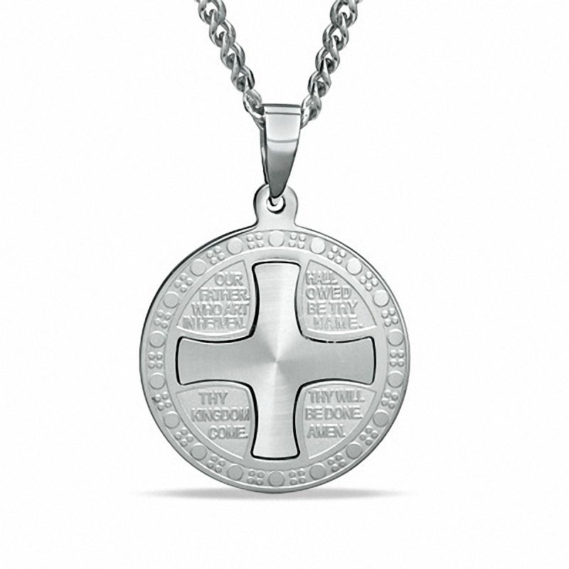 Men's Lord's Prayer Round Cross Pendant in Stainless Steel - 24"|Peoples Jewellers