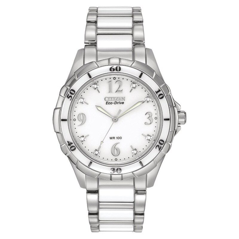 Ladies' Citizen Eco-Drive® Diamond Accent Ceramic Watch with White Dial (Model: EM0030-59A)|Peoples Jewellers