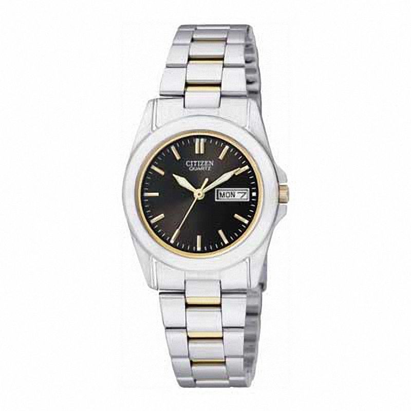 Ladies' Citizen Quartz SL Two-Tone Stainless Steel Watch with Black Dial (Model: EQ0564-59E)