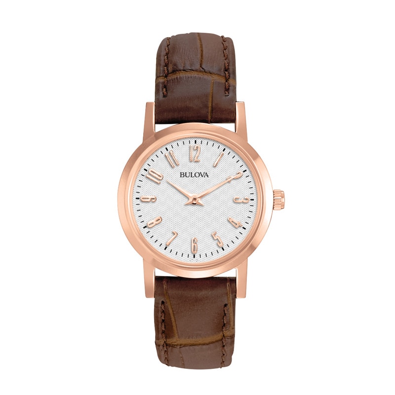 Ladies' Bulova Rose-Tone Leather Strap Watch with White Dial (Model: 97L121)