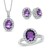Thumbnail Image 1 of Oval Amethyst and Lab-Created White Sapphire Frame Pendant, Ring and Earrings Set in Sterling Silver - Size 7