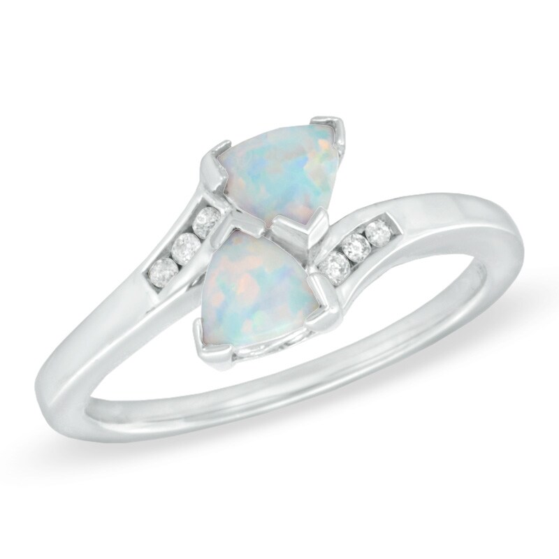 Main Image 1 of 5.0mm Trillion-Cut Lab-Created Opal and Diamond Accent Bypass Ring in Sterling Silver