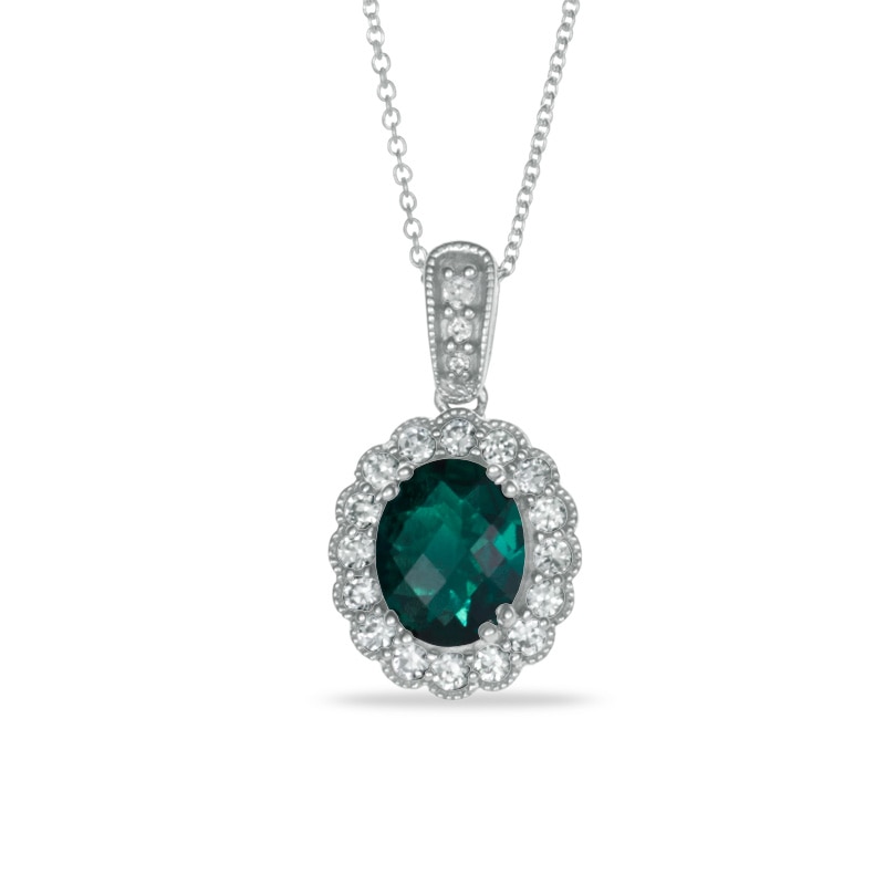 Main Image 1 of Oval Lab-Created Emerald and Lab-Created White Sapphire Pendant in Sterling Silver