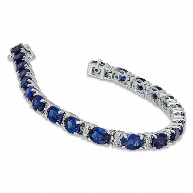Main Image 2 of Oval Lab-Created Ceylon Sapphire and Diamond Accent Tennis Bracelet in Sterling Silver - 7.25"