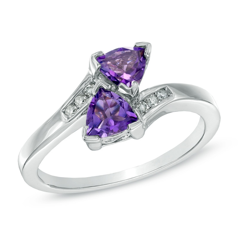 5.0mm Trillion-Cut Amethyst and Diamond Accent Bypass Ring in Sterling Silver