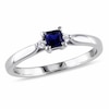Thumbnail Image 1 of Princess-Cut Blue Lab-Created Sapphire and 0.04 CT. T.W. Diamond Three Stone Promise Ring in Sterling Silver