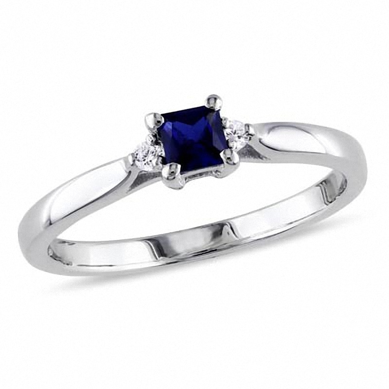 Main Image 1 of Princess-Cut Blue Lab-Created Sapphire and 0.04 CT. T.W. Diamond Three Stone Promise Ring in Sterling Silver