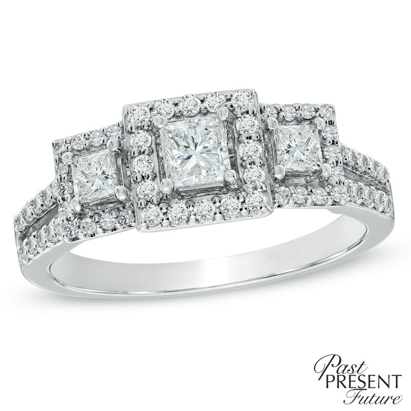 0.95 CT. T.W. Princess-Cut Diamond Frame Past Present Future® Split Shank Engagement Ring in 14K White Gold