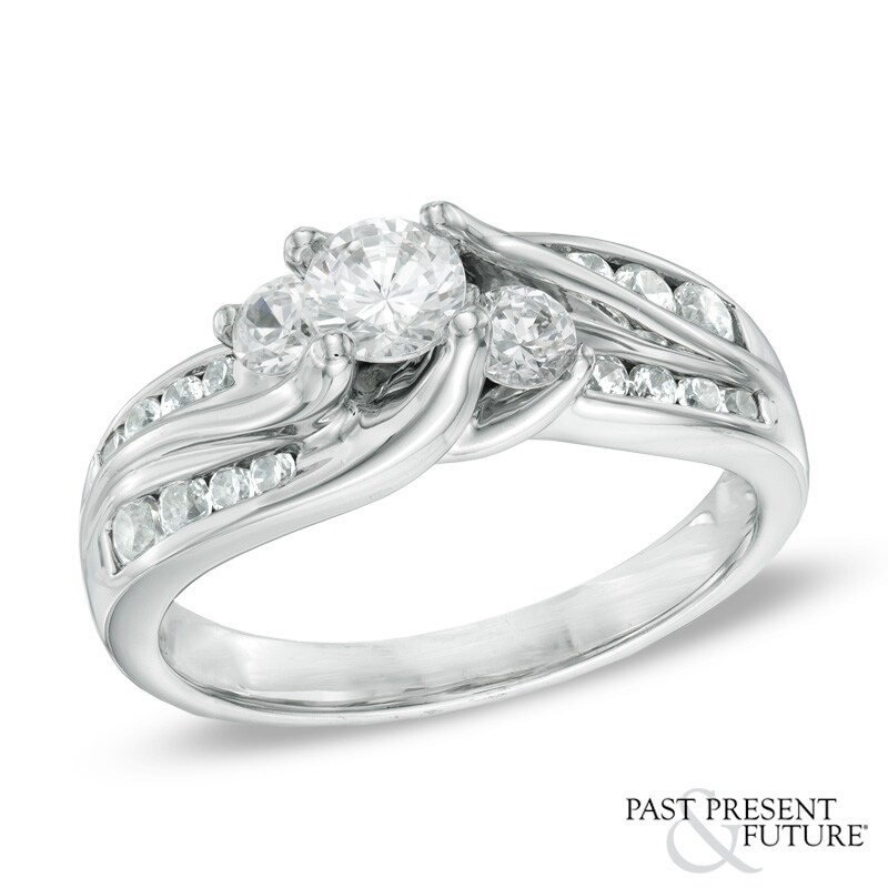 Main Image 1 of 1.00 CT. T.W. Diamond Slant Three Stone Ring in 14K White Gold
