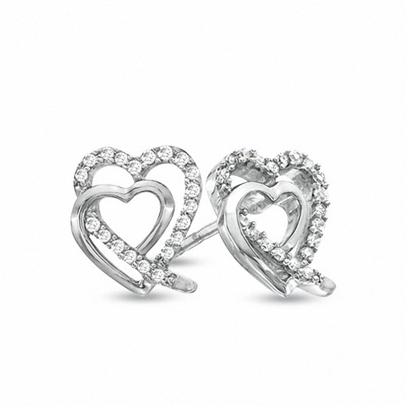 0.12 CT. T.W. Diamond Double Heart Stud Earrings in Sterling Silver|Peoples Jewellers