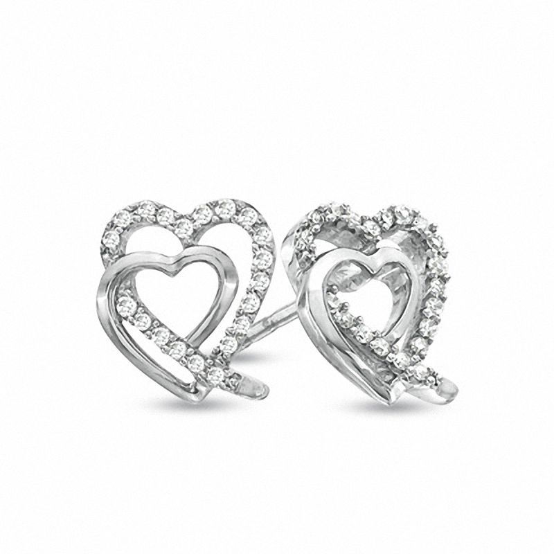 Main Image 1 of 0.12 CT. T.W. Diamond Double Heart Stud Earrings in Sterling Silver