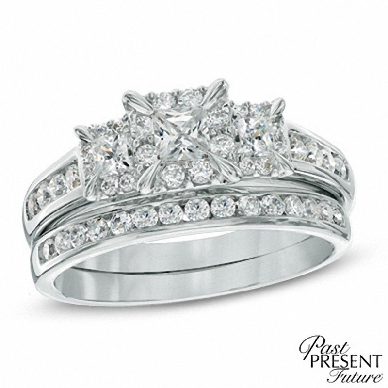 1.00 CT. T.W. Princess-Cut Diamond Past Present FutureÂ® Bridal Set in 14K White Gold
