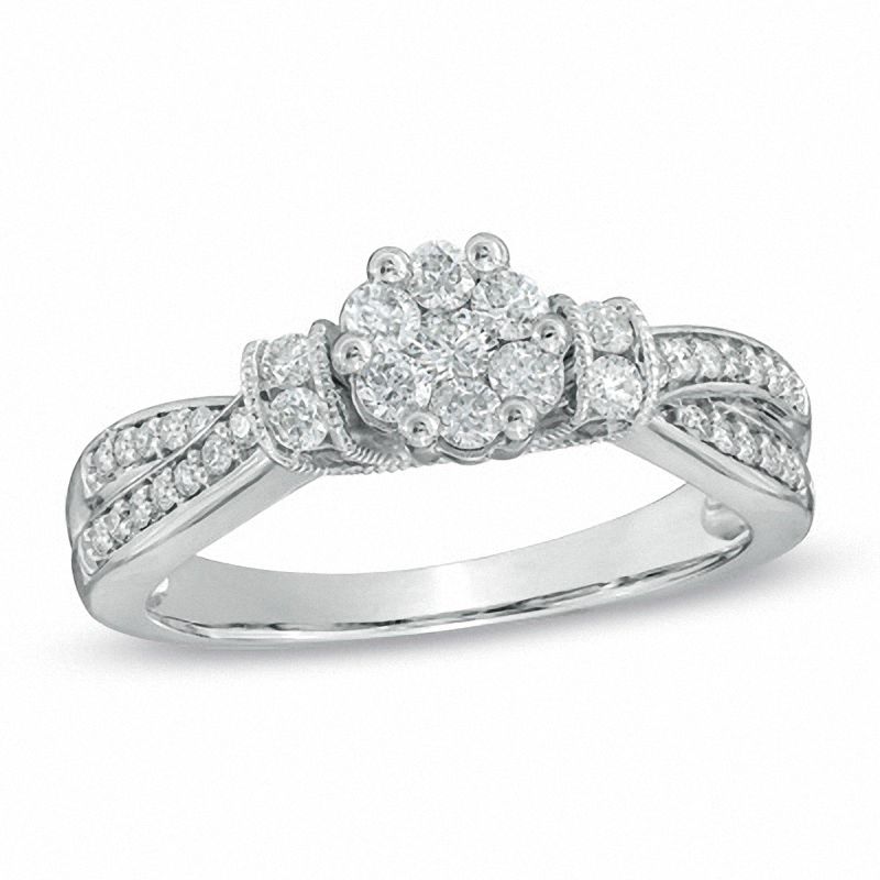 Main Image 1 of 0.50 CT. T.W. Diamond Cluster Vintage-Style Engagement Ring in 10K White Gold