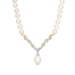 Freshwater Cultured Pearl and 0.09 CT. T.W. Diamond Necklace in Sterling Silver and 14K Gold-17"