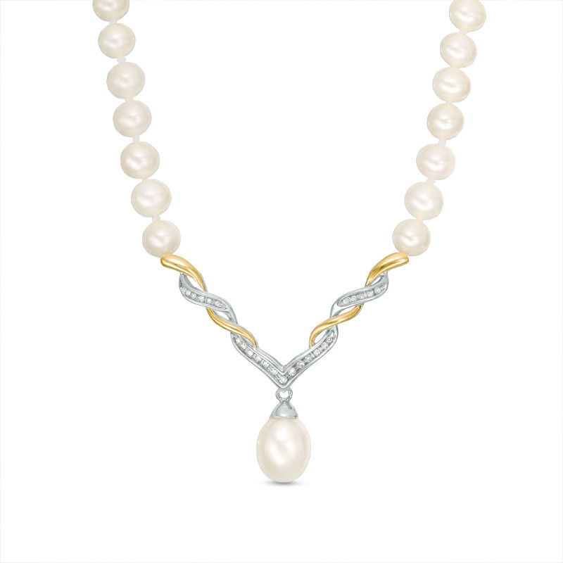 Cultured Freshwater Pearl and 0.09 CT. T.W. Diamond Necklace in Sterling Silver and 14K Gold - 17"|Peoples Jewellers