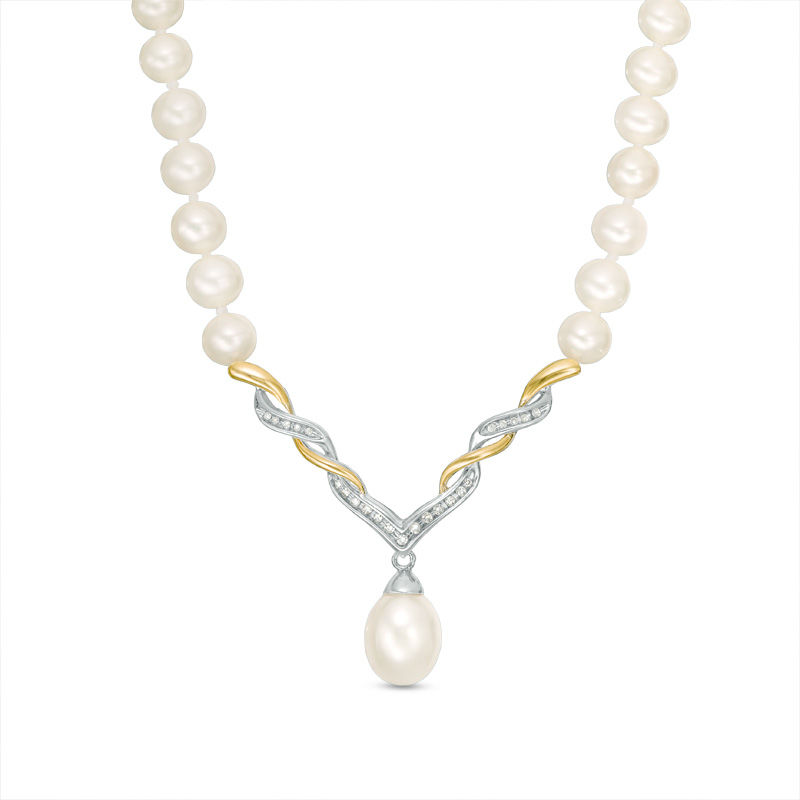 Cultured Freshwater Pearl and 0.09 CT. T.W. Diamond Necklace in Sterling Silver and 14K Gold - 17"