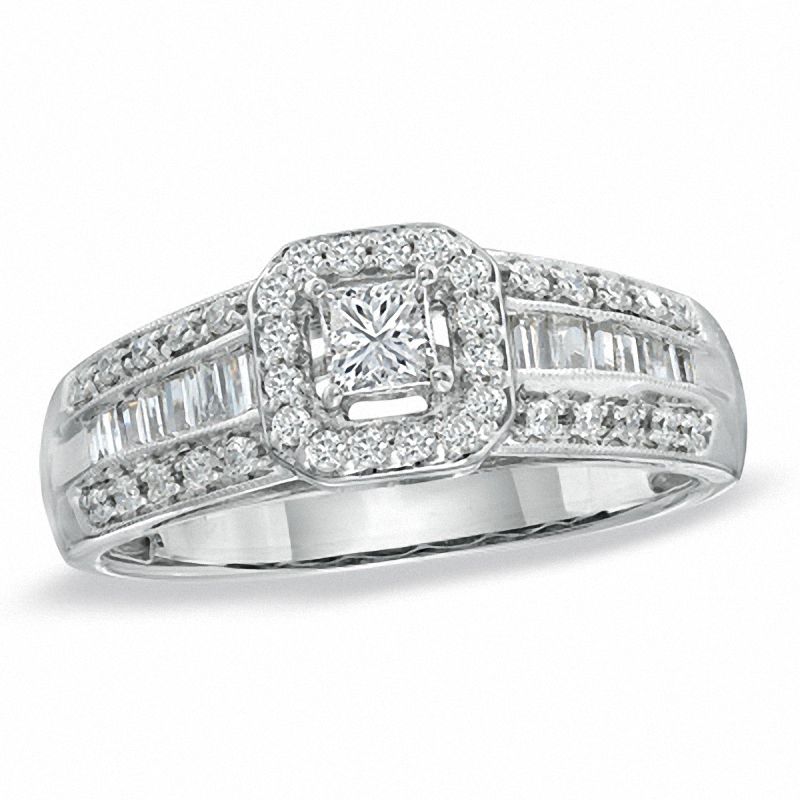 0.62 CT. T.W. Princess-Cut Diamond Cushion Frame Engagement Ring in 14K White Gold