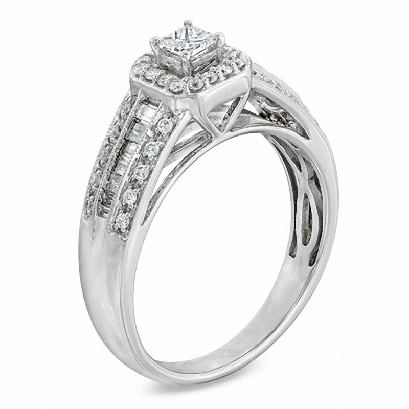 Main Image 2 of 0.62 CT. T.W. Princess-Cut Diamond Cushion Frame Engagement Ring in 14K White Gold