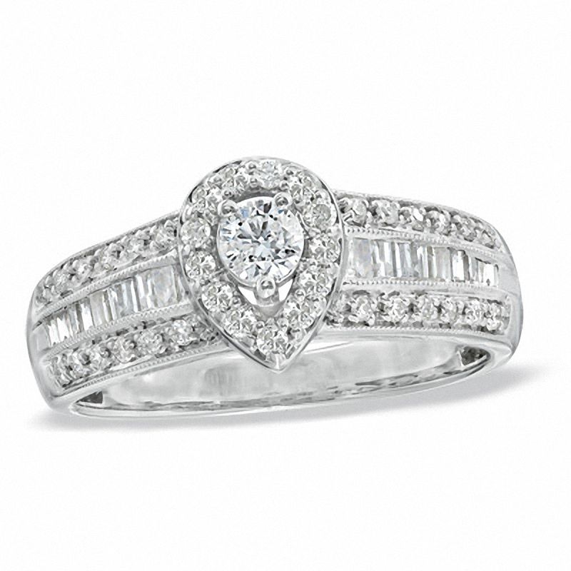 Main Image 1 of 0.62 CT. T.W. Diamond Vintage-Style Pear Frame Engagement Ring in 14K White Gold