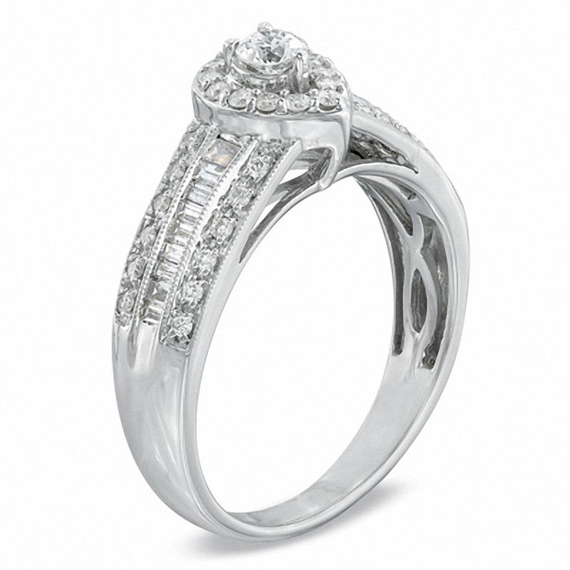 Main Image 2 of 0.62 CT. T.W. Diamond Vintage-Style Pear Frame Engagement Ring in 14K White Gold