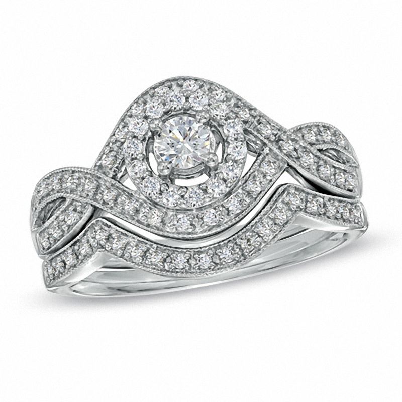 Main Image 1 of 0.50 CT. T.W. Diamond Twist Frame Bridal Set in 14K White Gold