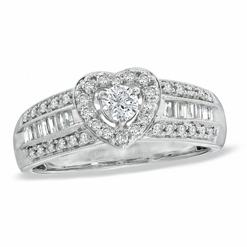 Main Image 1 of 0.62 CT. T.W. Diamond Vintage-Style Heart Frame Engagement Ring in 14K White Gold