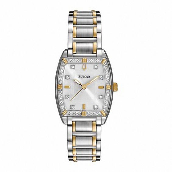 Ladies' Bulova Diamond Accent Two-Tone Stainless Steel Watch with Tonneau Mother-of-Pearl Dial (Model: 98R159)