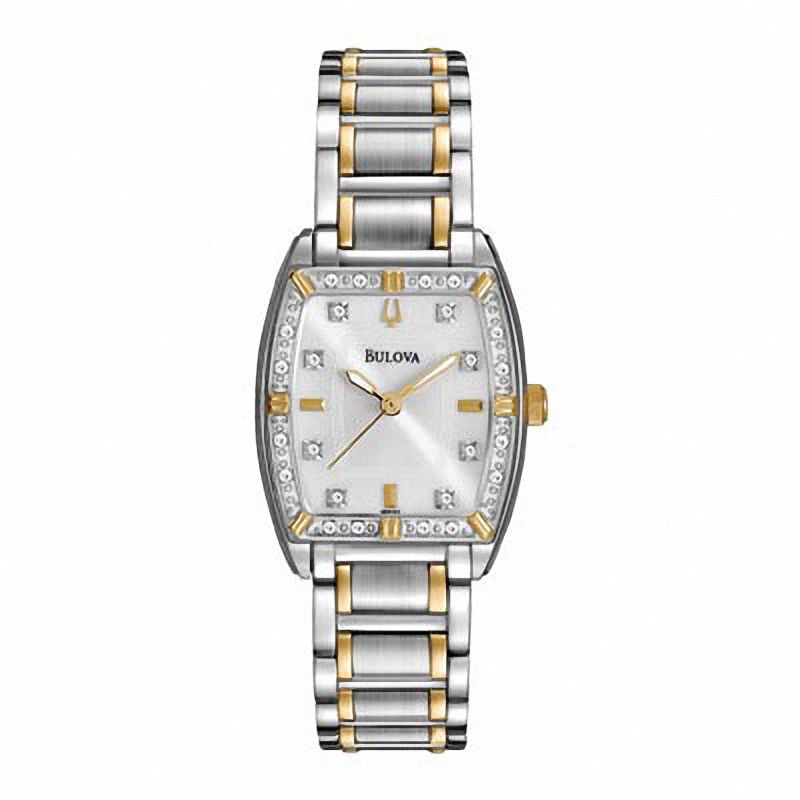 Ladies' Bulova Diamond Accent Two-Tone Stainless Steel Watch with Tonneau Mother-of-Pearl Dial (Model: 98R159)|Peoples Jewellers