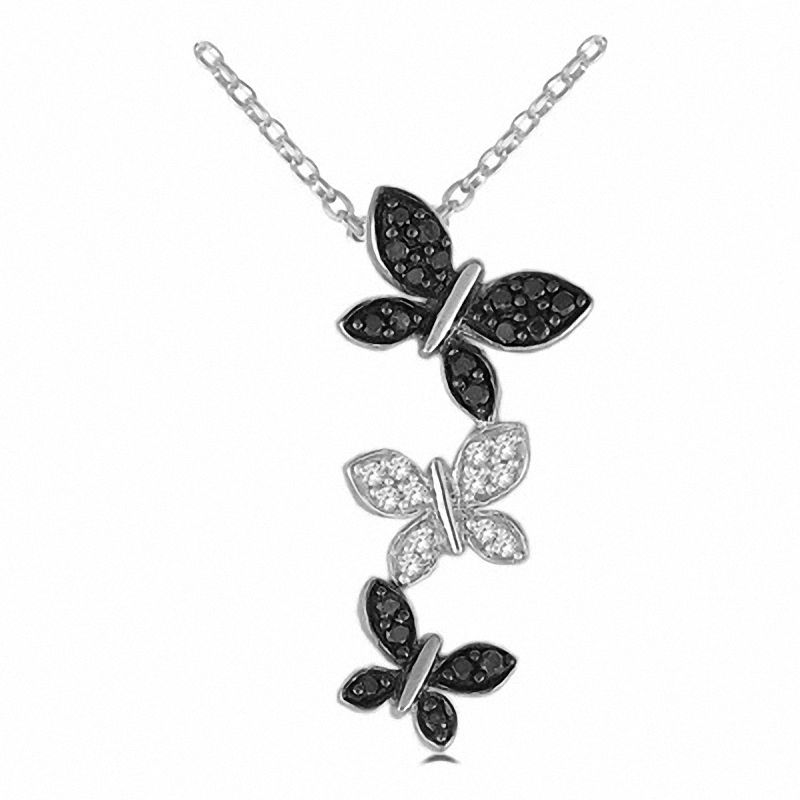 Main Image 1 of 0.19 CT. T.W. Enhanced Black and White Diamond Triple Butterfly Pendant in Sterling Silver