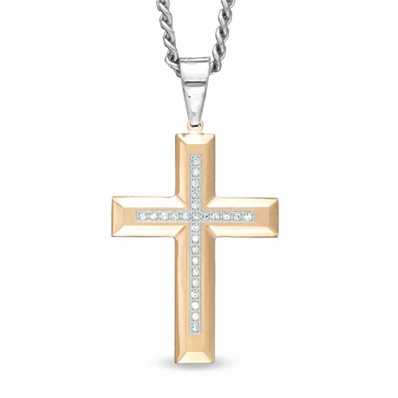 Men's 0.12 CT. T.W. Diamond Cross Pendant in Two-Tone Stainless Steel - 24"|Peoples Jewellers