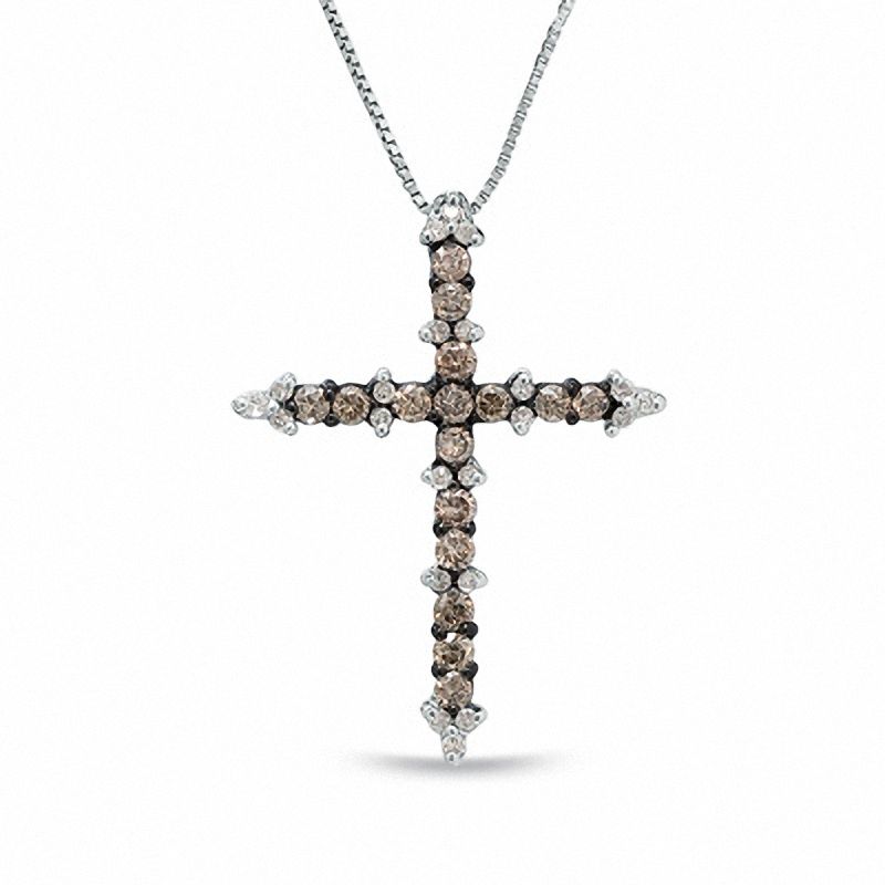 Main Image 1 of 0.50 CT. T.W. Champagne and White Diamond Cross Pendant in 10K White Gold