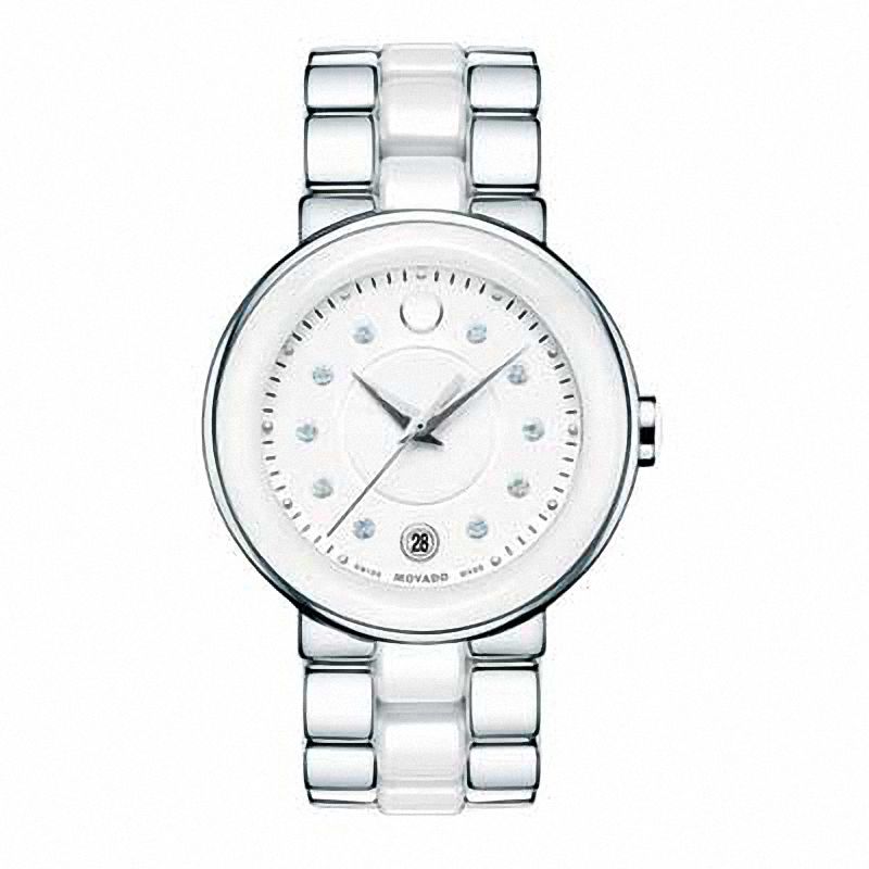 Ladies' Movado Cerena Diamond Accent Stainless Steel and Ceramic Watch with White Dial (Model: 0606540)|Peoples Jewellers