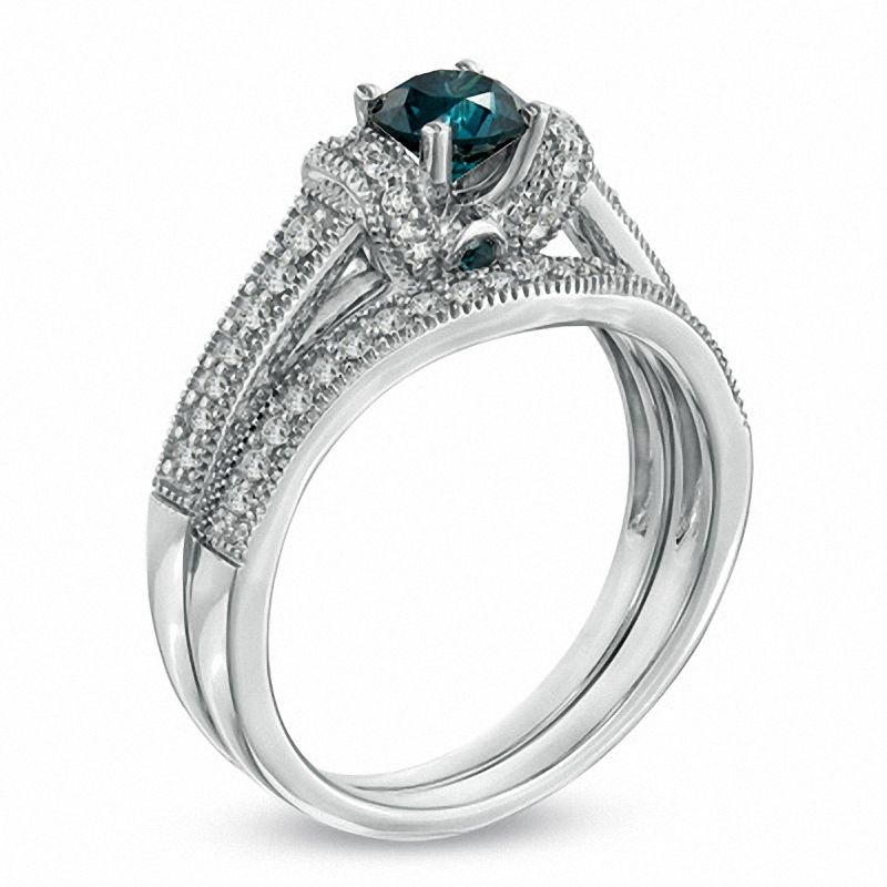 1.00 CT. T.W. Enhanced Blue and White Diamond Vintage-Style Bridal Set 14K Gold