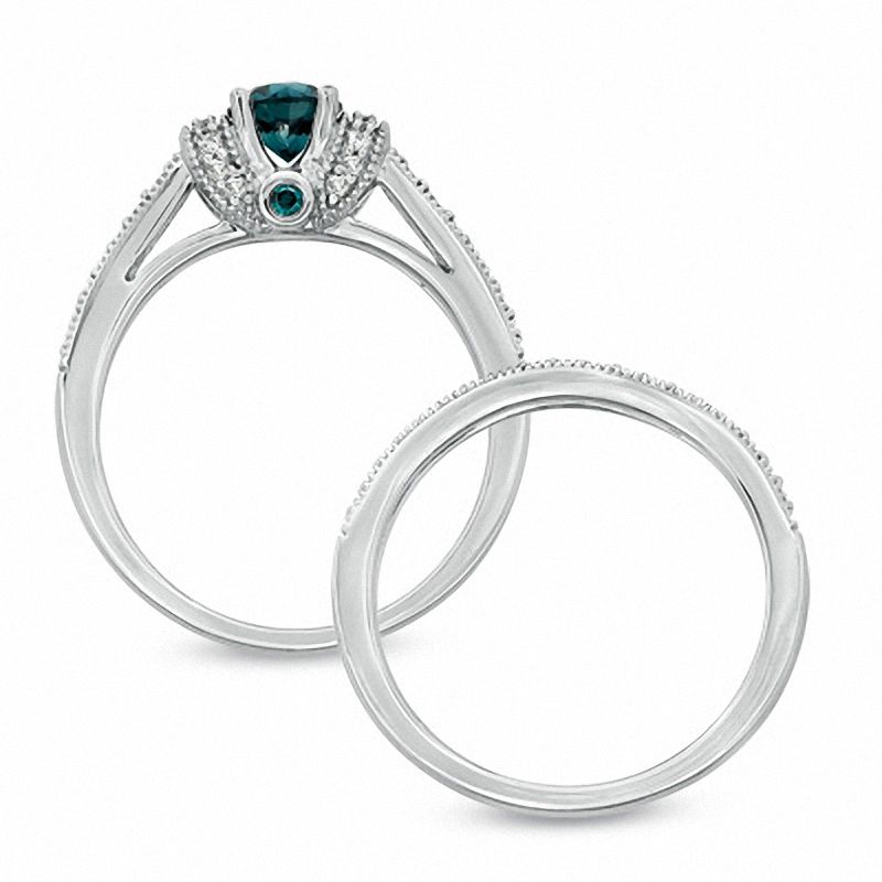 1.00 CT. T.W. Enhanced Blue and White Diamond Vintage-Style Bridal Set 14K Gold