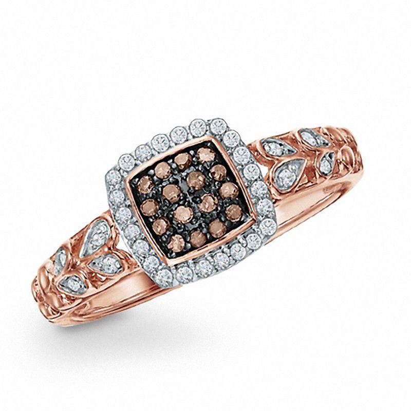 0.21 CT. T.W. Champagne and White Diamond Square Frame Ring in 10K Rose Gold