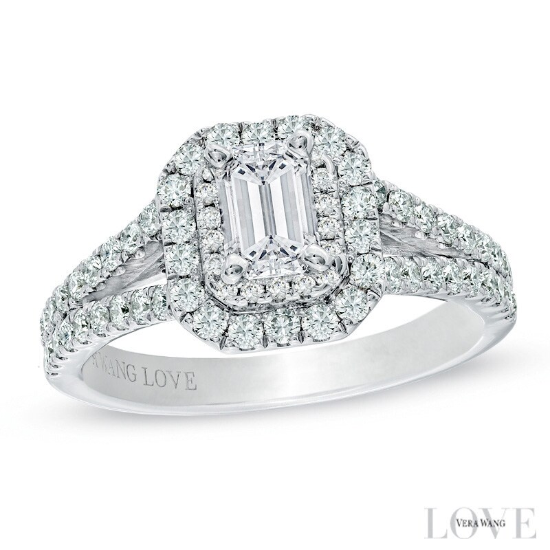 Main Image 1 of Vera Wang Love Collection 1.29 CT. T.W. Emerald-Cut Diamond Split Shank Frame Engagement Ring in 14K White Gold