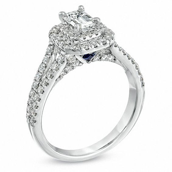 Vera Wang Love Collection 1.29 CT. T.W. Emerald-Cut Diamond Split Shank Frame Engagement Ring in 14K White Gold