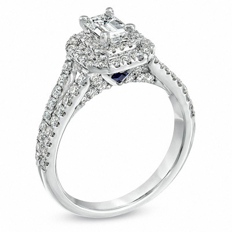 Main Image 2 of Vera Wang Love Collection 1.29 CT. T.W. Emerald-Cut Diamond Split Shank Frame Engagement Ring in 14K White Gold