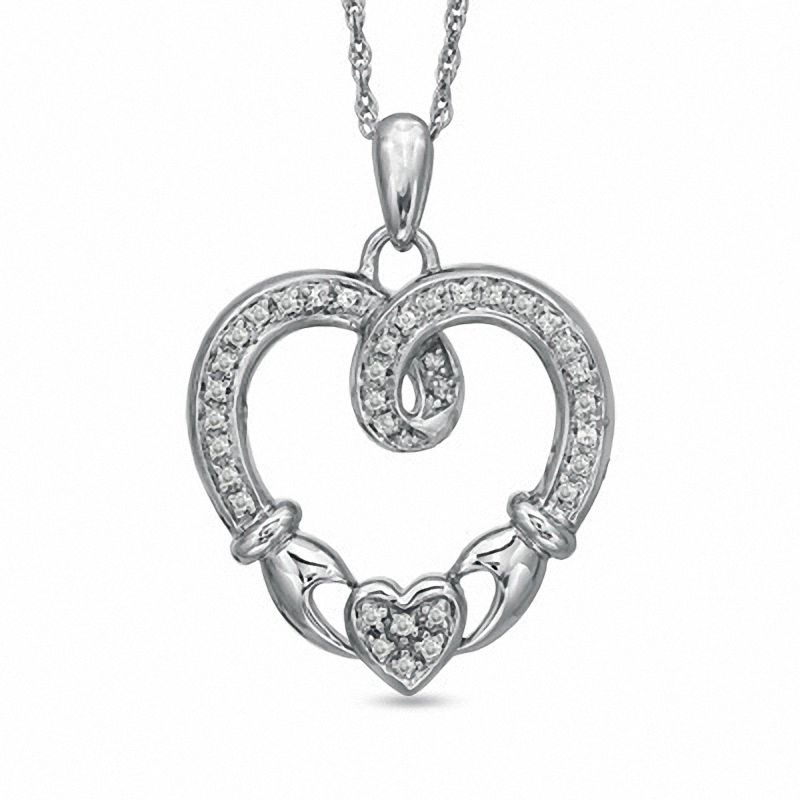 0.16 CT. T.W. Diamond Claddagh Loop Heart Pendant in Sterling Silver