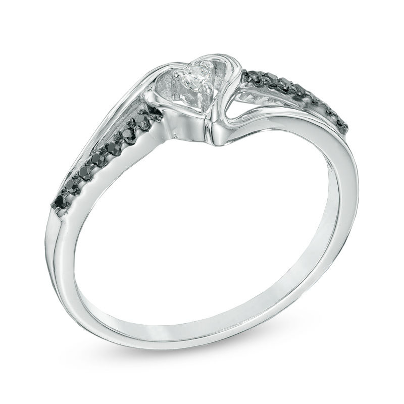 0.10 CT. T.W. Black and White Diamond Heart Split Shank Ring Sterling Silver