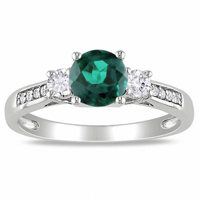 Lab-Created Emerald, White Lab-Created Sapphire and 0.05 CT. T.W. Diamond Three Stone Ring in 10K White Gold|Peoples Jewellers