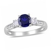 6.0mm Lab-Created Blue and White Sapphire Three Stone Ring in 10K White Gold with Diamond Accents