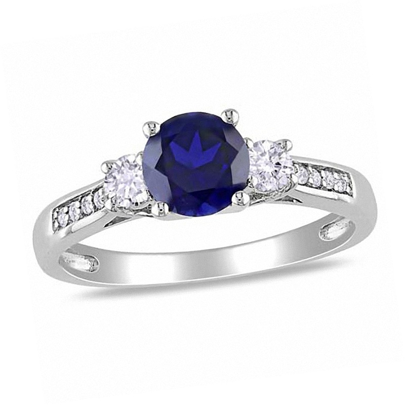 Blue and White Lab-Created Sapphire and 0.05 CT. T.W. Diamond Three Stone Ring in 10K White Gold|Peoples Jewellers