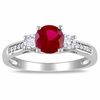 Thumbnail Image 1 of Lab-Created Ruby, White Lab-Created Sapphire and 0.05 CT. T.W. Diamond Three Stone Ring in 10K White Gold